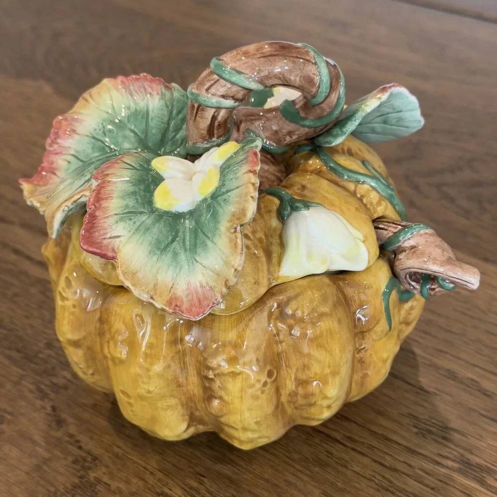Fitz and Floyd Gardening Gourmet Pumpkin Condiment Jar W/Lid Spoon Box Vintage